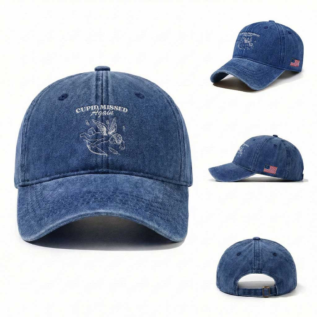 Funny Anti Valentine Washed Cotton Baseball Cap Cupid Missed Again TS14 Washed Cap Universal Fit Royal Blue Print Your Wear