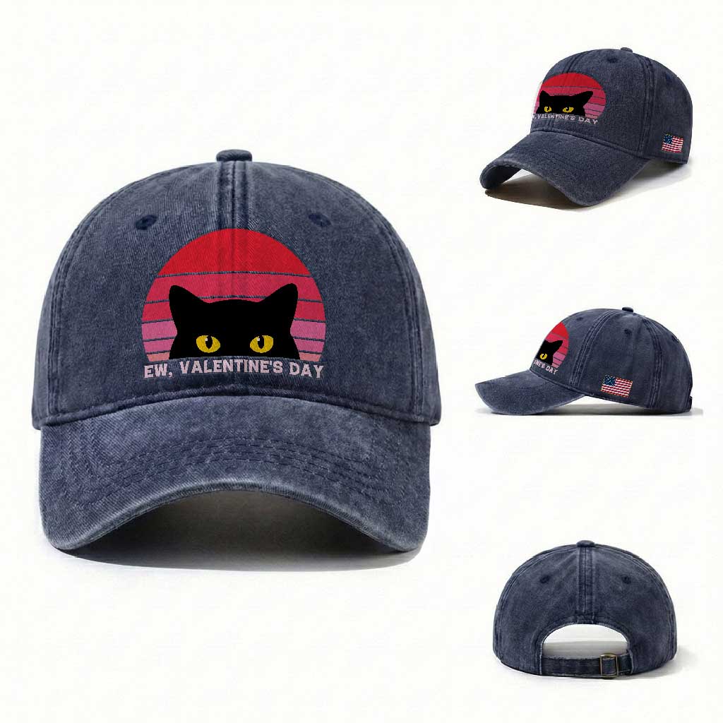 Funny Black Cat Anti Valentine Meme Washed Cotton Baseball Cap TS14 Washed Cap Universal Fit Navy Print Your Wear