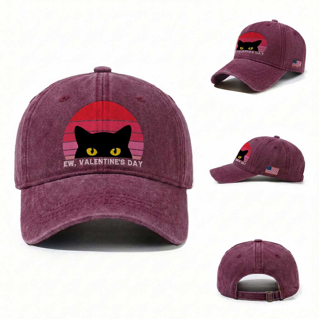 Funny Black Cat Anti Valentine Meme Washed Cotton Baseball Cap TS14 Washed Cap Universal Fit Burgundy Print Your Wear
