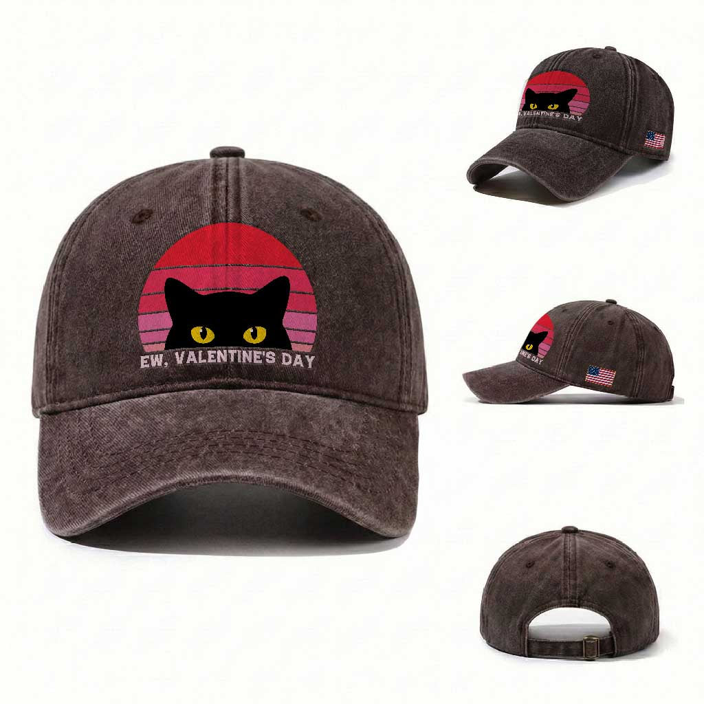Funny Black Cat Anti Valentine Meme Washed Cotton Baseball Cap TS14 Washed Cap Universal Fit Dark Brown Print Your Wear