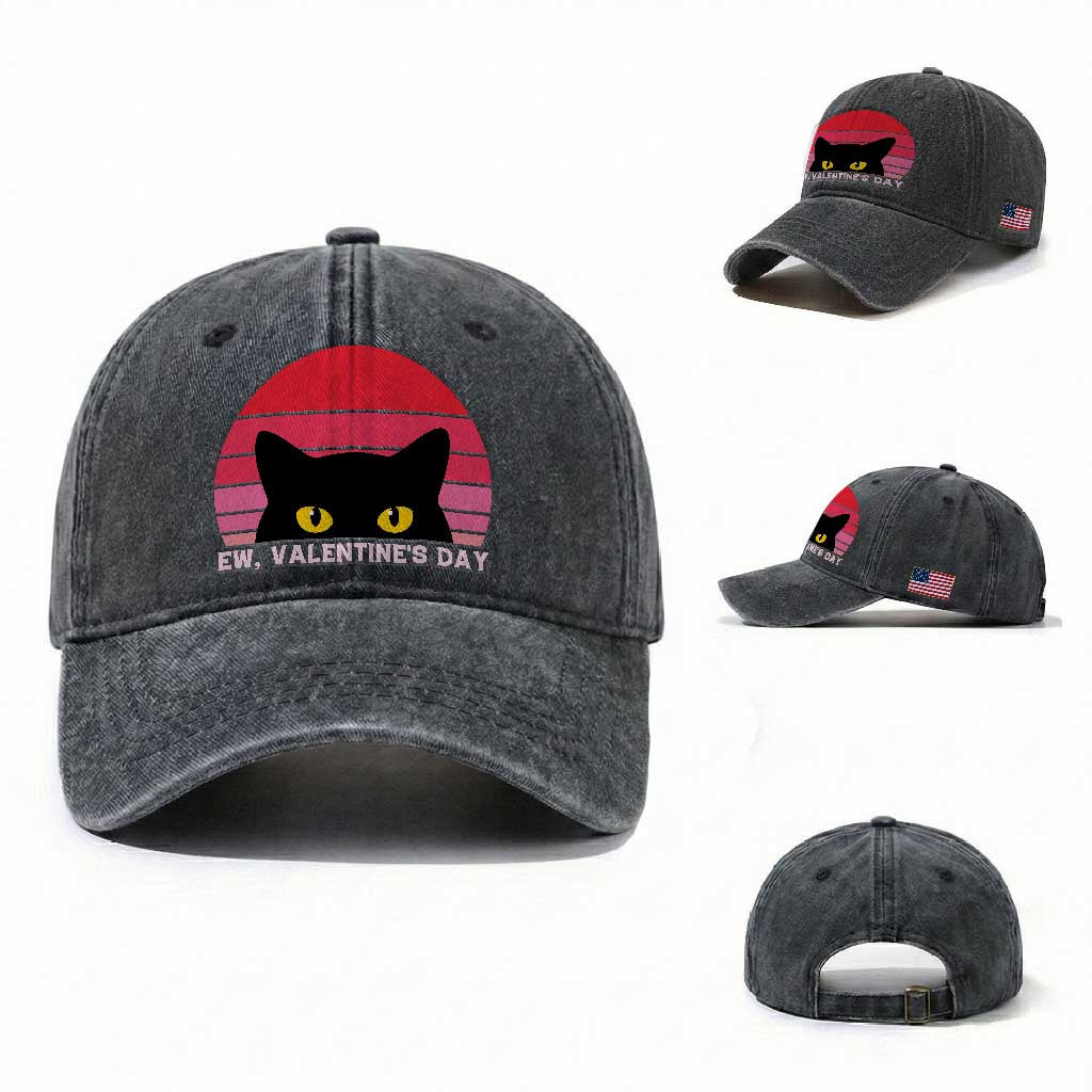 Funny Black Cat Anti Valentine Meme Washed Cotton Baseball Cap TS14 Washed Cap Universal Fit Dark Gray Print Your Wear
