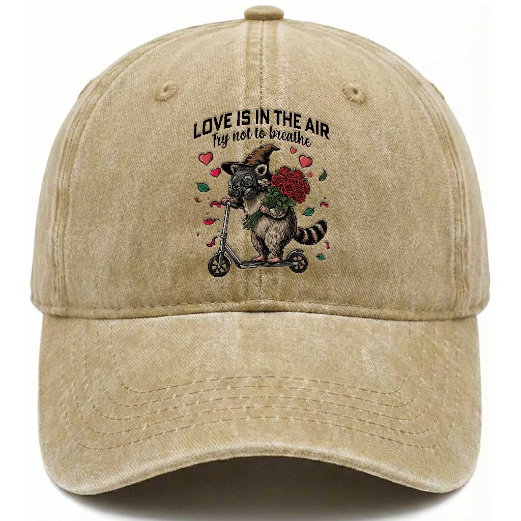 Funny Raccoon Scooter Anti Valentine Washed Cotton Baseball Cap Love Is In The Air Try Not To Breathe TS14 Washed Cap Universal Fit Khaki Print Your Wear