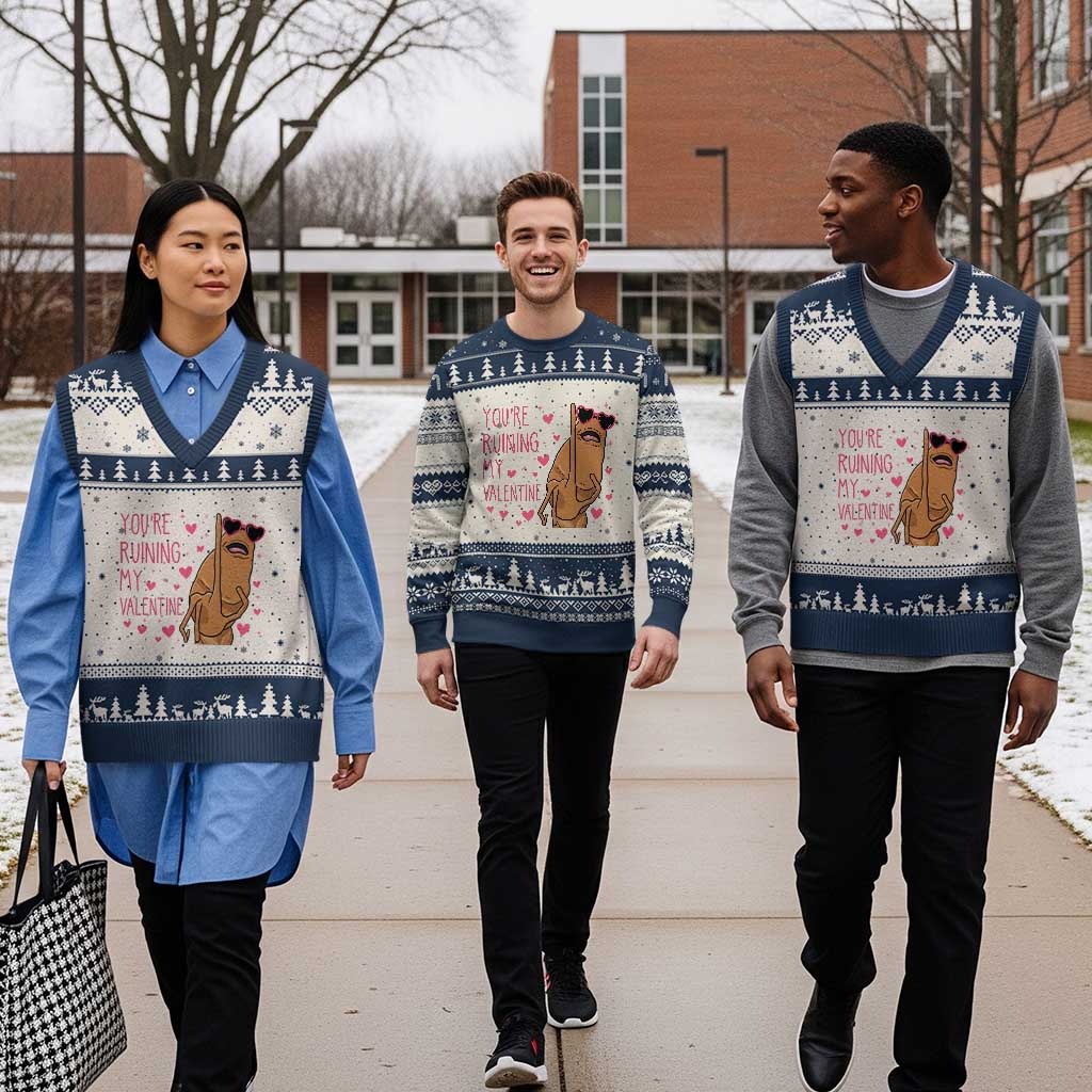 Marcus The Worm Meme V-Neck Knit Sweater Vest Funny Anti Valentines Day TS14 Beige Navy Print Your Wear