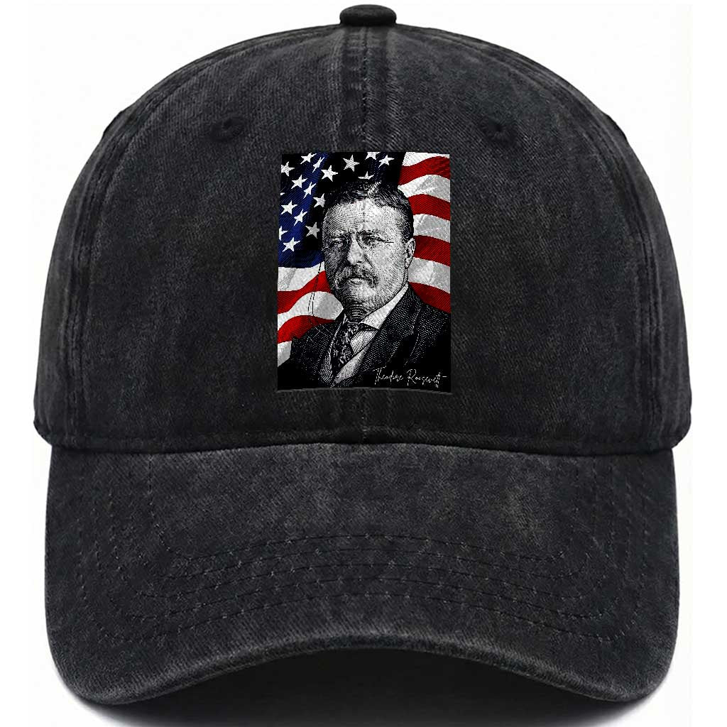 Theodore Roosevelt Patriotic American Flag President Washed Cotton Baseball Cap TS14 Washed Cap Universal Fit Black Print Your Wear
