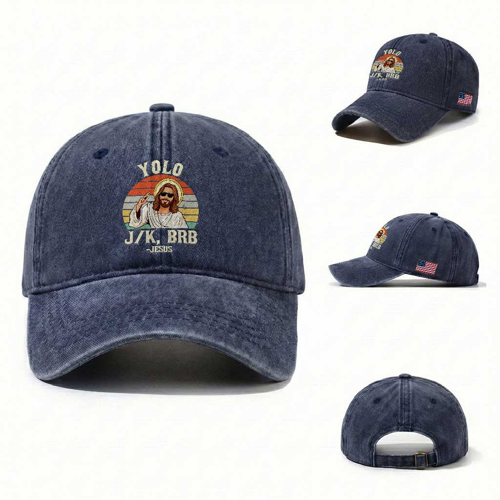 Yolo Jk BRB Jesus Washed Cotton Baseball Cap Funny Easter Christian TS14 Washed Cap Universal Fit Navy Print Your Wear