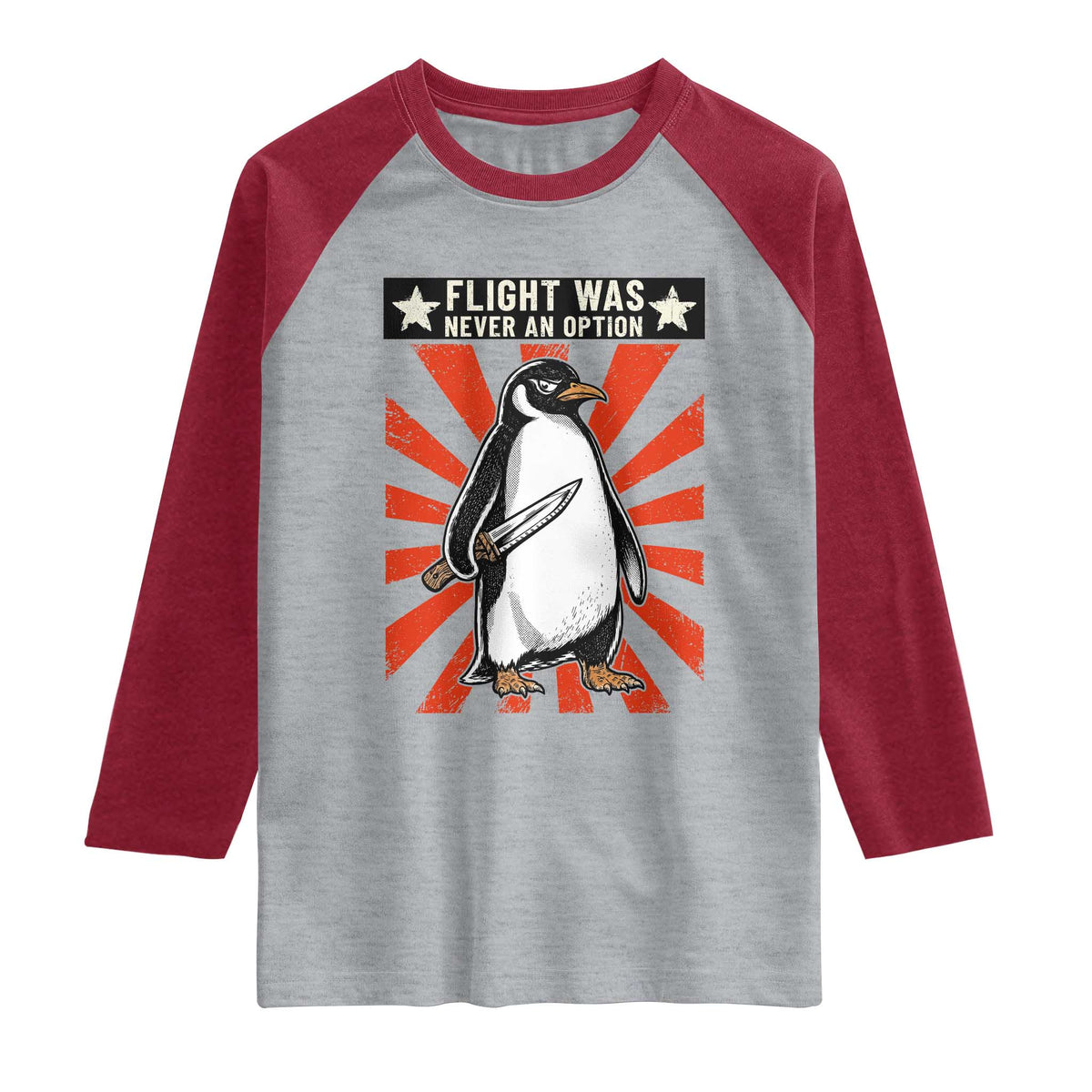 Flight was Never an Option Raglan Shirt Funny Penguin Knife Sarcastic TS14 Heather Gray Heather Red Print Your Wear