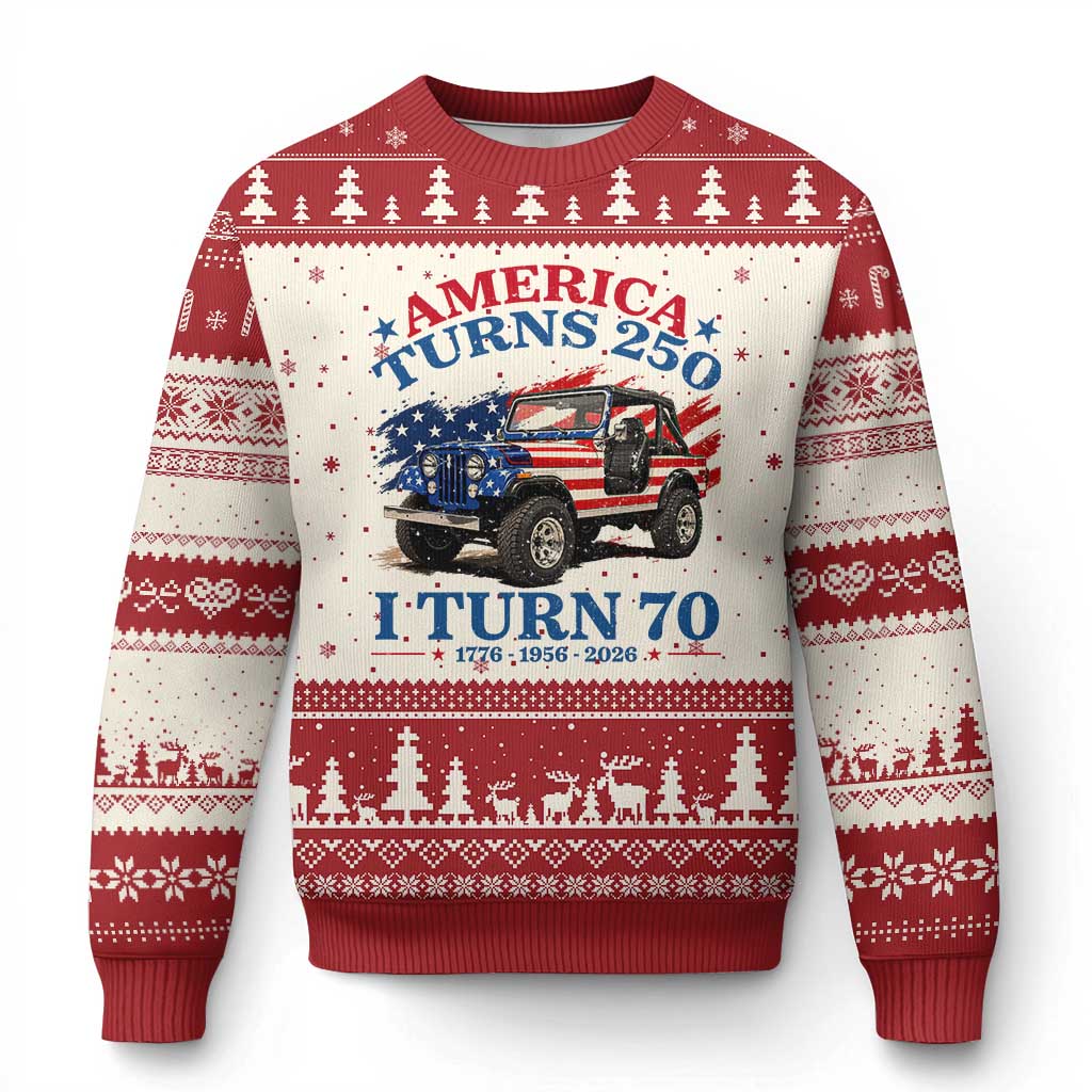 America Turns 250 I Turn 70 1956 70th Birthday Ugly Christmas Sweater Compact Classic Off-road SUV TS14 Beige Red Print Your Wear
