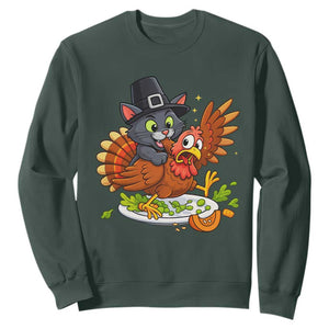Funny Thanksgiving Cat Pilgrim Eat Turkey Sweatshirt TS14 Dark Forest Green Print Your Wear