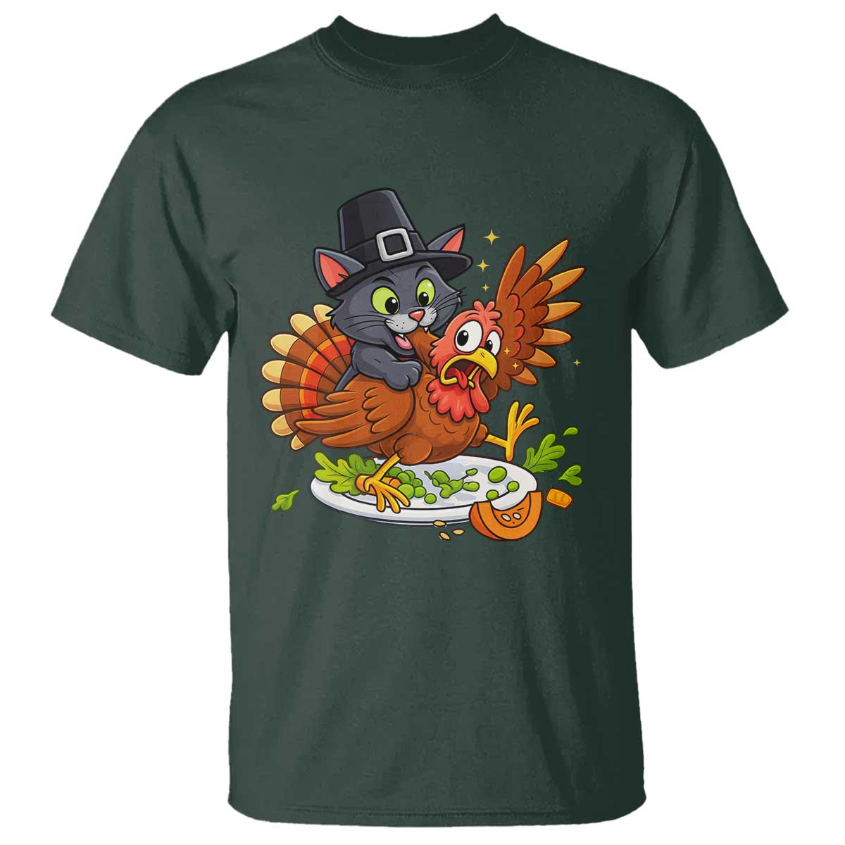 Funny Thanksgiving Cat Pilgrim Eat Turkey T Shirt TS14 Dark Forest Green Print Your Wear