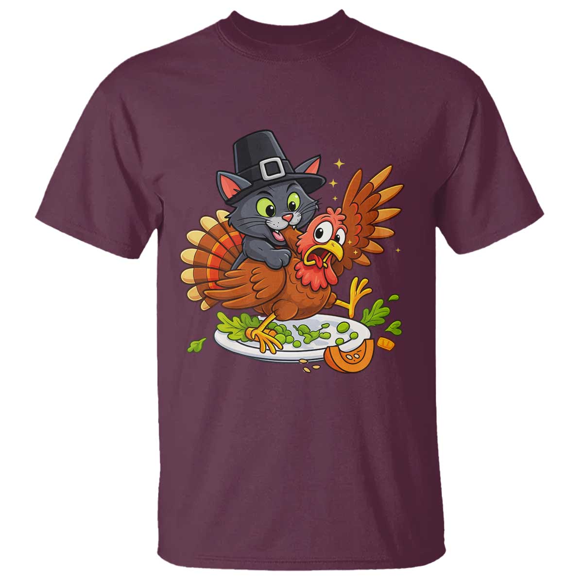 Funny Thanksgiving Cat Pilgrim Eat Turkey T Shirt TS14 Maroon Print Your Wear