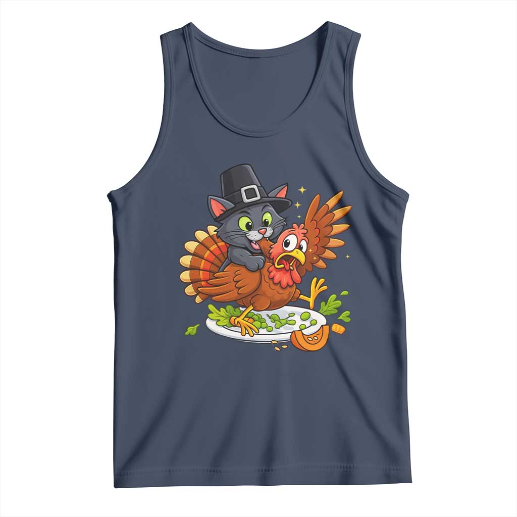 Funny Thanksgiving Cat Pilgrim Eat Turkey Tank Top TS14 Navy Print Your Wear