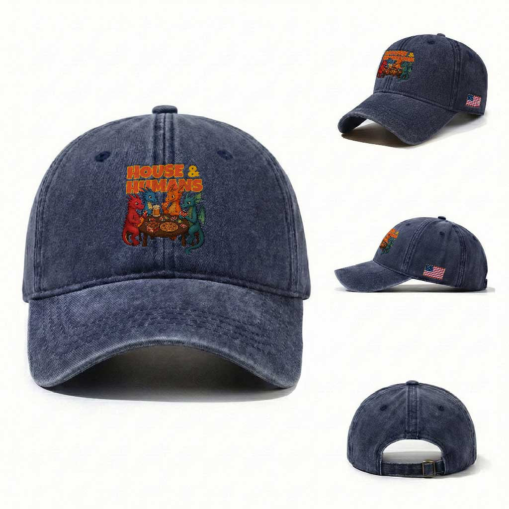 Houses Humans Washed Cotton Baseball Cap Funny RPG Parody Gamer TS14 Washed Cap Universal Fit Navy Print Your Wear