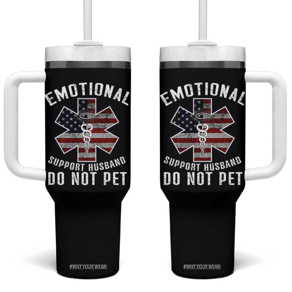 Emotional Support Husband Do Not Pet Tumbler With Handle Funny Couples TS14 One Size: 40 oz Black Print Your Wear