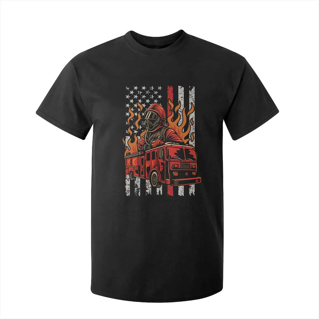 Firefighter Patriotic Fire Truck Fireman American Flag T Shirt For Kid TS14 Black Print Your Wear
