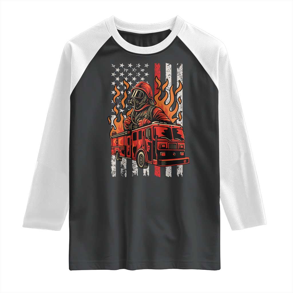 Firefighter Patriotic Fire Truck Fireman American Flag Raglan Shirt TS14 Black White Print Your Wear