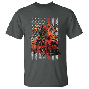 Firefighter Patriotic Fire Truck Fireman American Flag T Shirt TS14 Dark Heather Print Your Wear