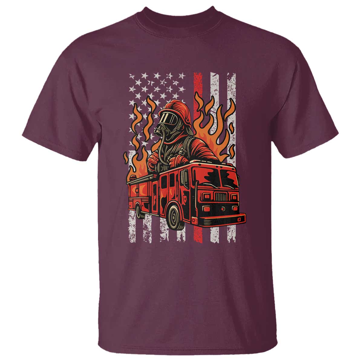 Firefighter Patriotic Fire Truck Fireman American Flag T Shirt TS14 Maroon Print Your Wear