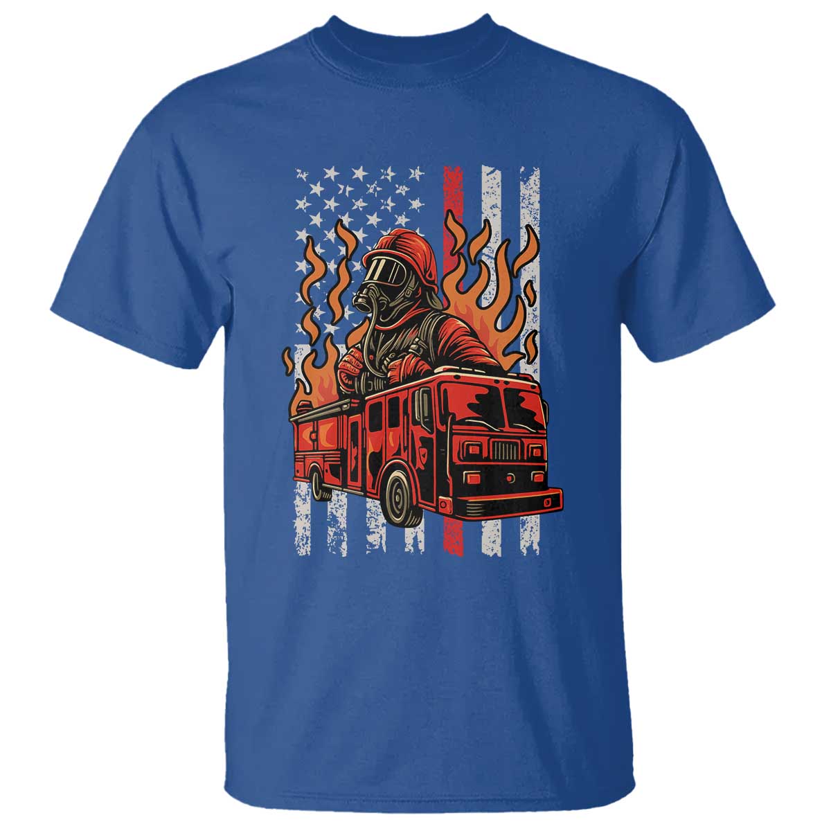 Firefighter Patriotic Fire Truck Fireman American Flag T Shirt TS14 Royal Blue Print Your Wear