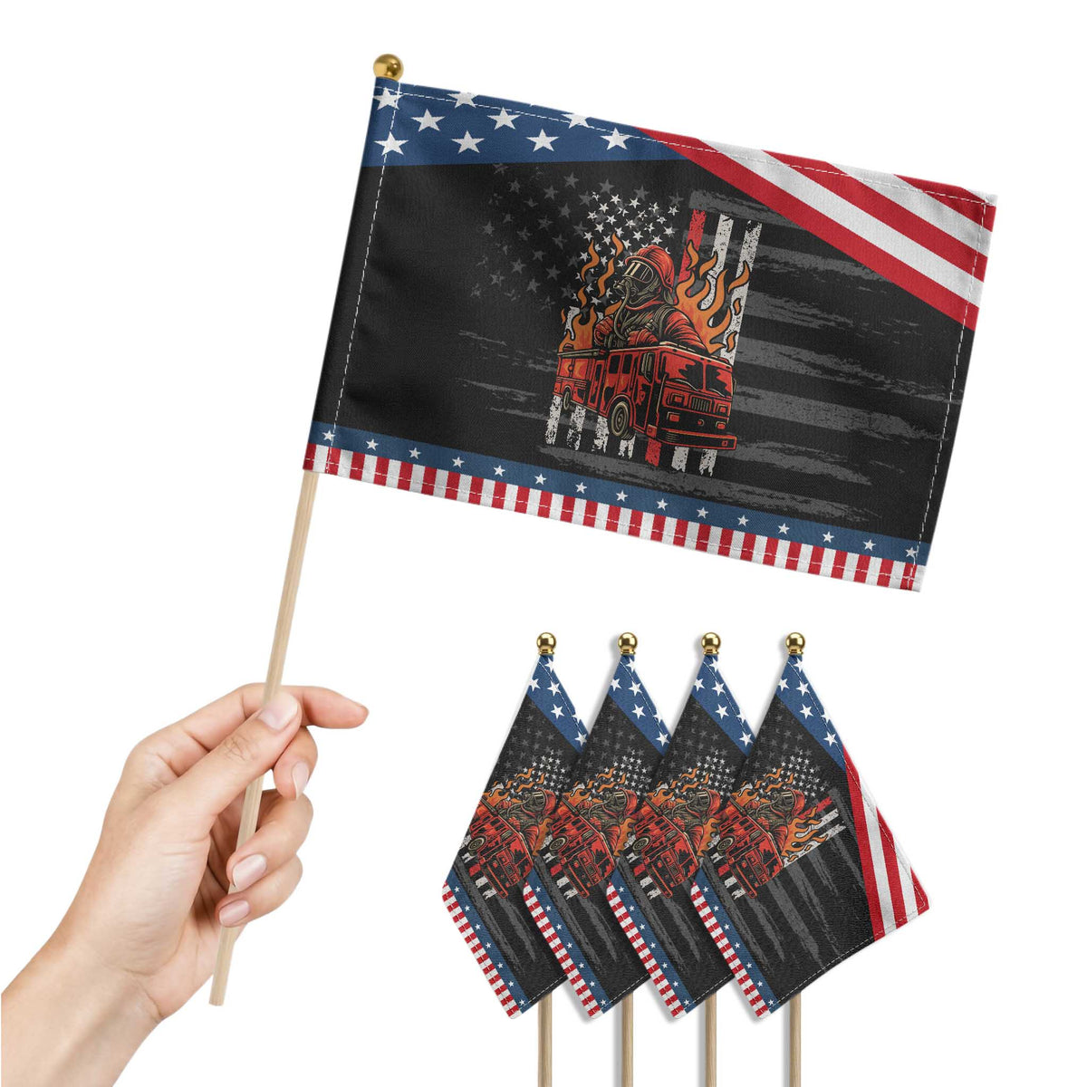 Firefighter Fire Truck Fireman American Flag Patriotic Handheld Flag TS14 Print Your Wear