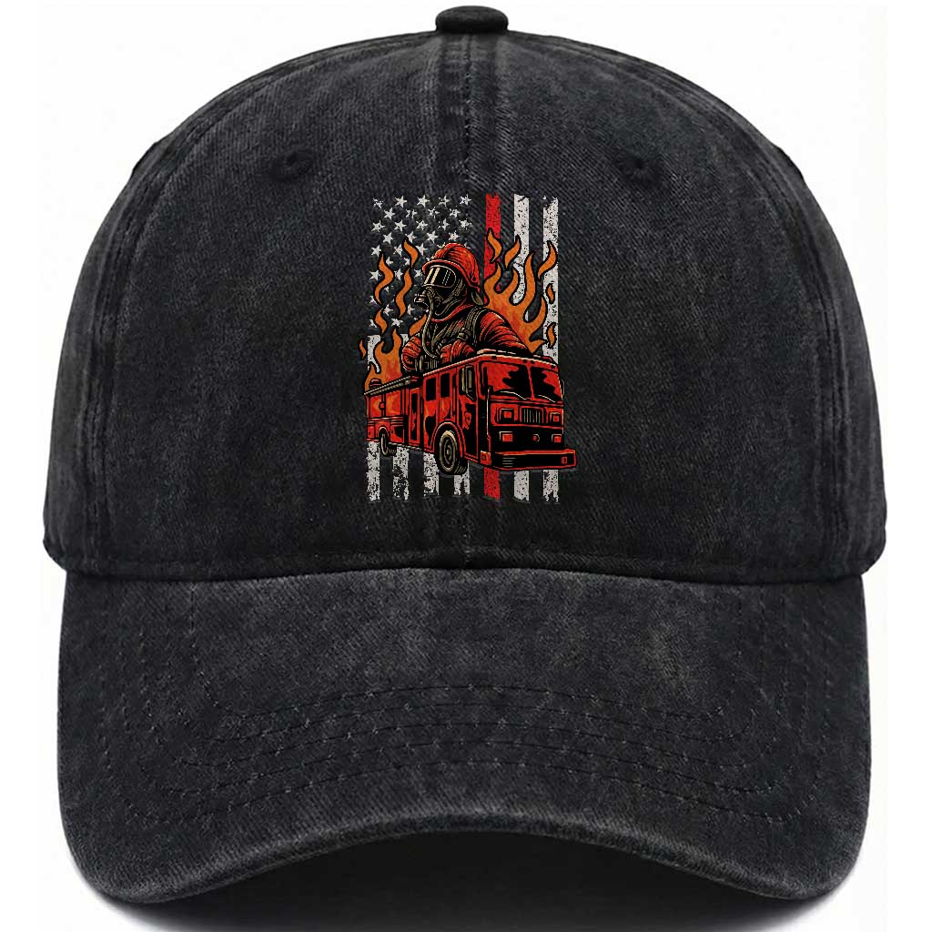 Firefighter Patriotic Fire Truck Fireman American Flag Washed Cotton Baseball Cap TS14 Washed Cap Universal Fit Black Print Your Wear