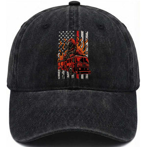 Firefighter Patriotic Fire Truck Fireman American Flag Washed Cotton Baseball Cap TS14 Washed Cap Universal Fit Black Print Your Wear