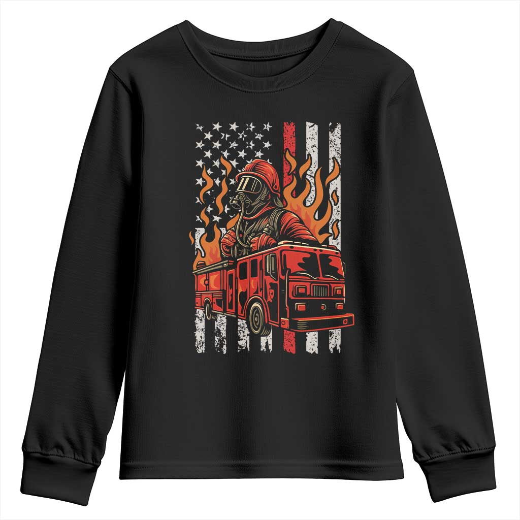Firefighter Patriotic Fire Truck Fireman American Flag Youth Sweatshirt TS14 Black Print Your Wear