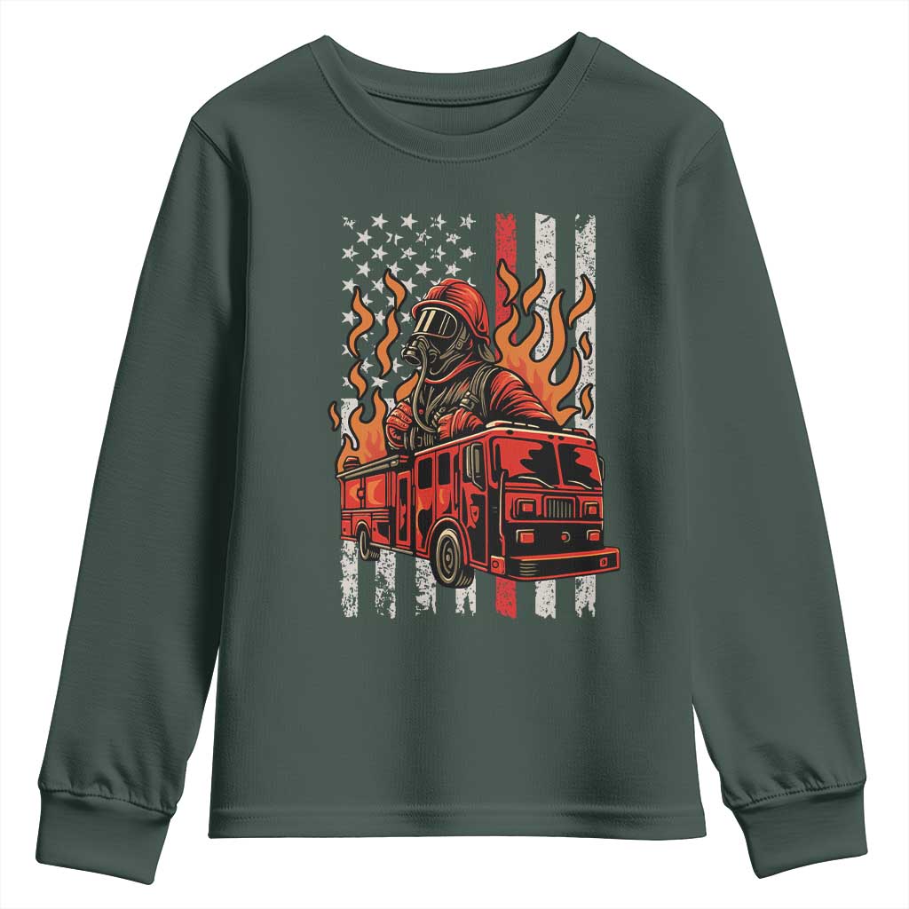 Firefighter Patriotic Fire Truck Fireman American Flag Youth Sweatshirt TS14 Dark Forest Green Print Your Wear