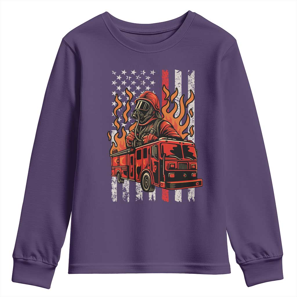 Firefighter Patriotic Fire Truck Fireman American Flag Youth Sweatshirt TS14 Purple Print Your Wear