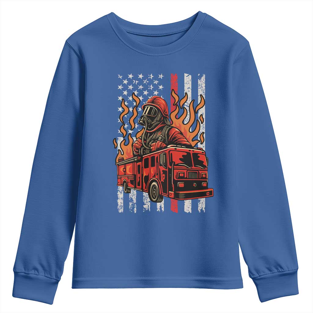 Firefighter Patriotic Fire Truck Fireman American Flag Youth Sweatshirt TS14 Royal Blue Print Your Wear