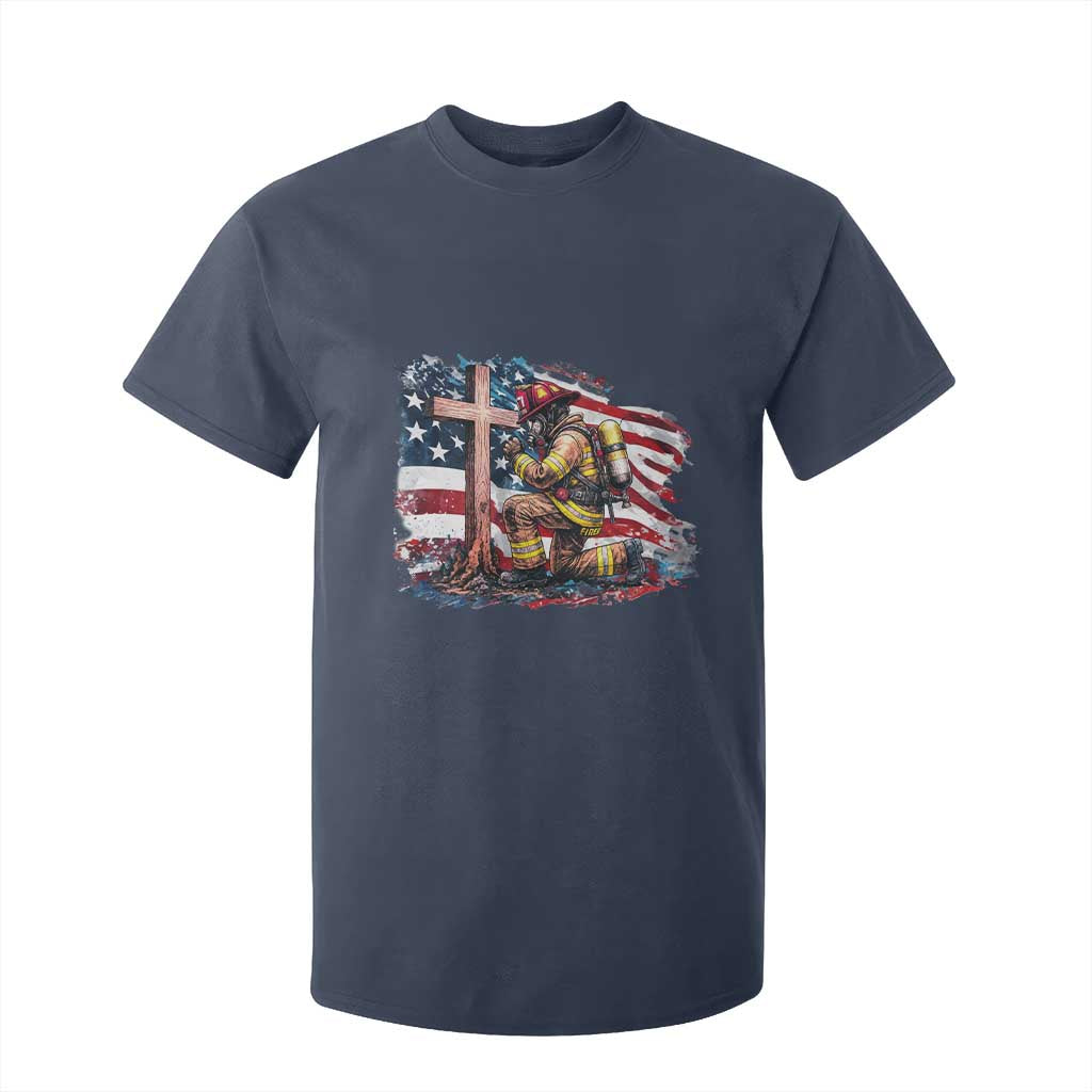 Fireman American Flag T Shirt For Kid Firefighter Christian Cross Bible TS14 Navy Print Your Wear
