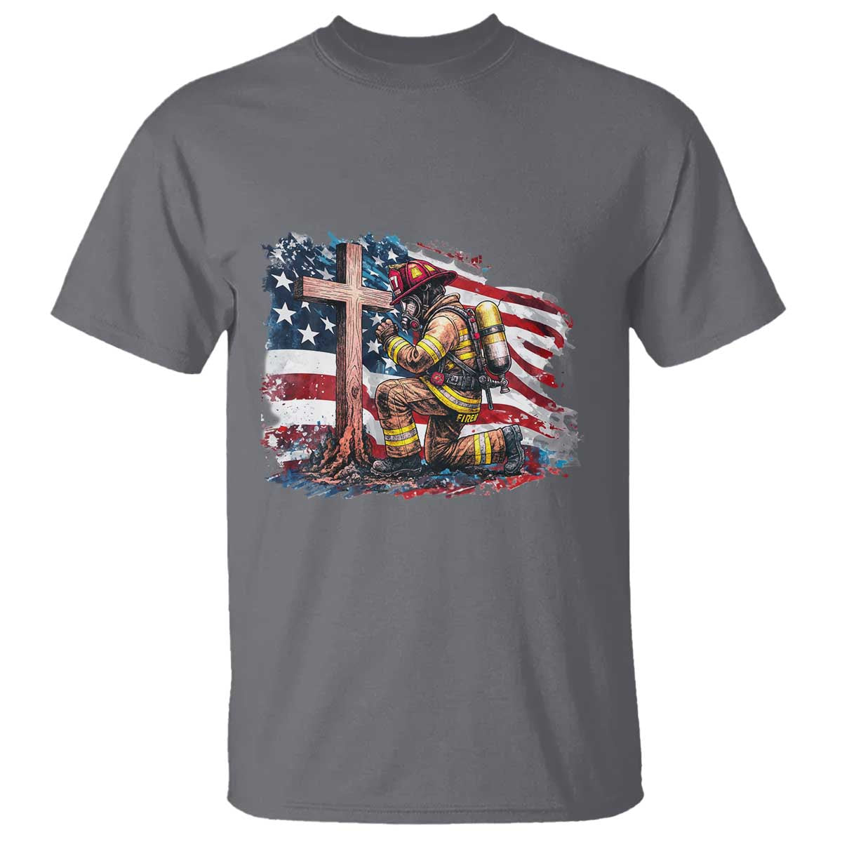 Fireman American Flag T Shirt Firefighter Christian Cross Bible TS14 Charcoal Print Your Wear