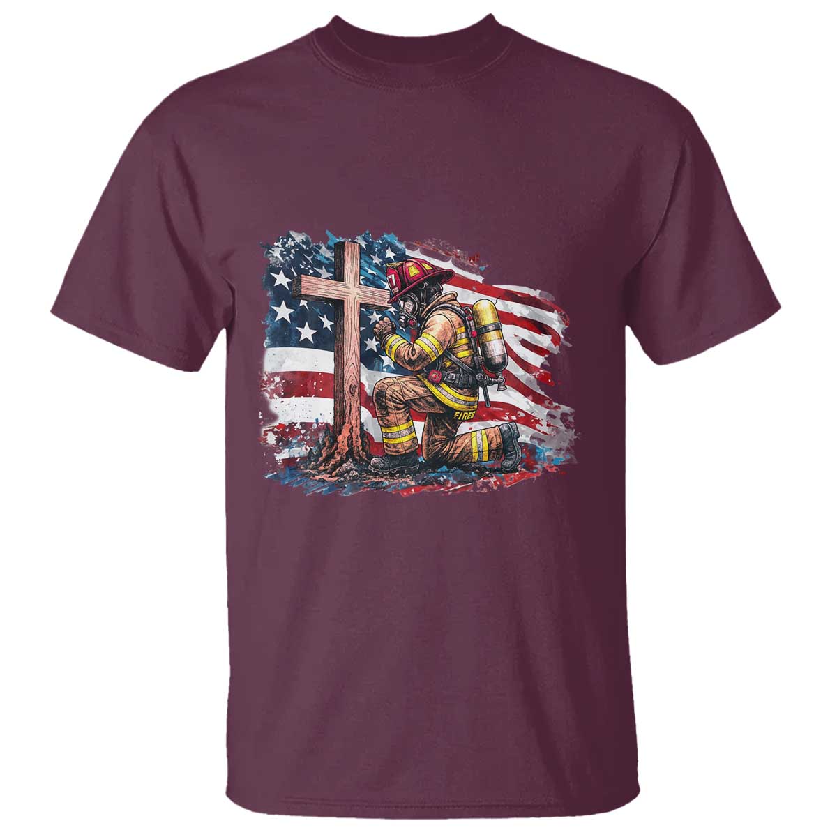 Fireman American Flag T Shirt Firefighter Christian Cross Bible TS14 Maroon Print Your Wear