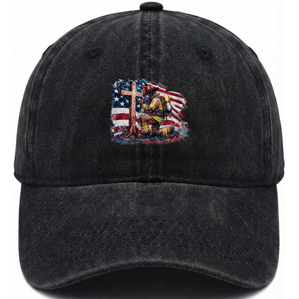 Fireman American Flag Washed Cotton Baseball Cap Firefighter Christian Cross Bible TS14 Washed Cap Universal Fit Black Print Your Wear