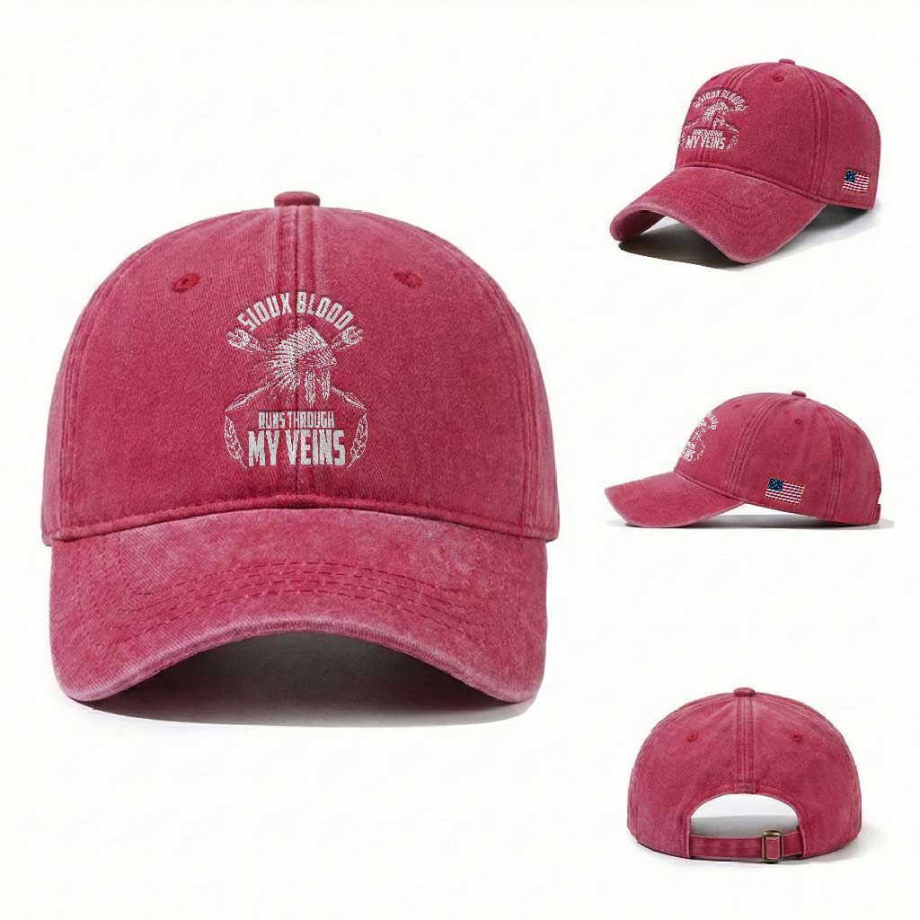 Native American Idian Chief Washed Cotton Baseball Cap Sioux Blood Runs Through My Veins TS14 Washed Cap Universal Fit Red Print Your Wear