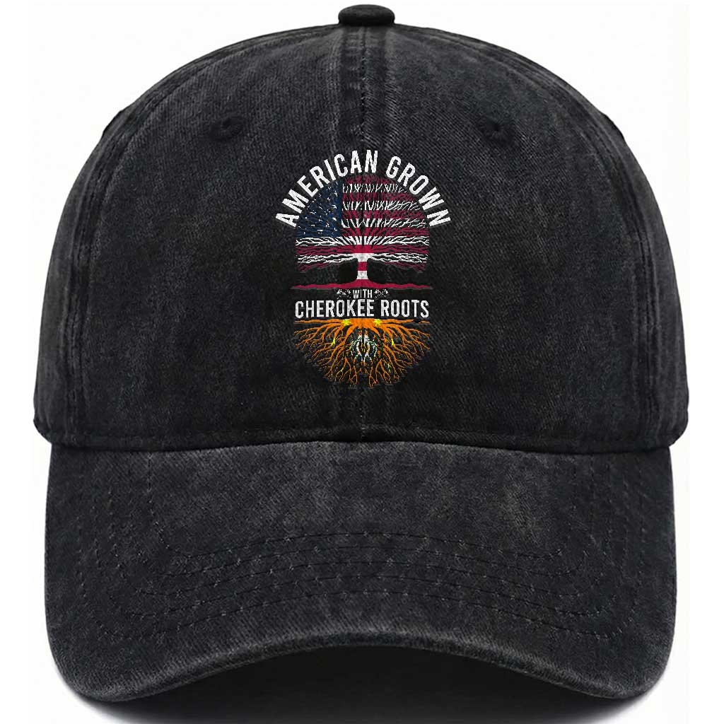 Native American Flag Washed Cotton Baseball Cap American Grown With Cherokee Roots TS14 Washed Cap Universal Fit Black Print Your Wear