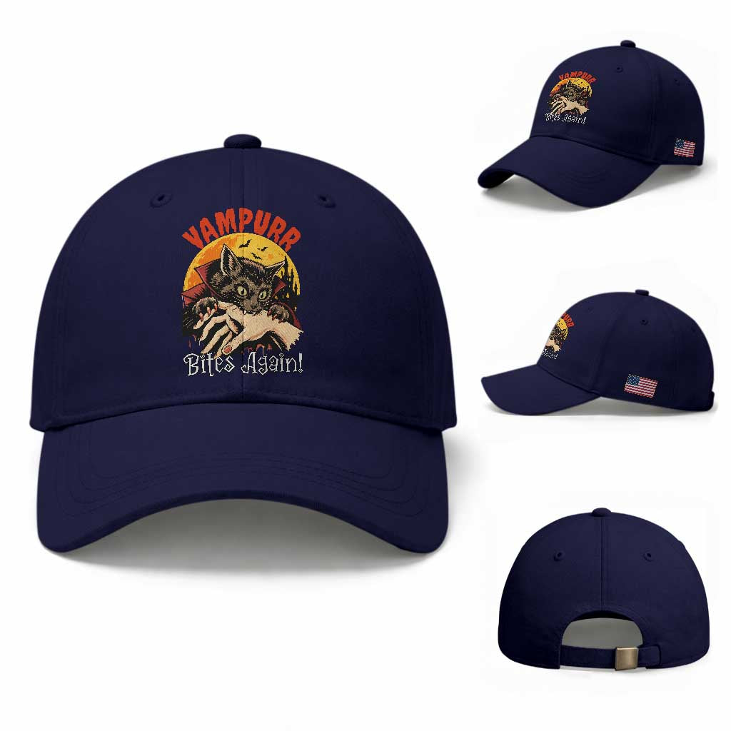 Vampurr Bites Again Baseball Cap Funny Vampire Cat Halloween Horror TS14 Baseball Cap Universal Fit Dark Blue Print Your Wear