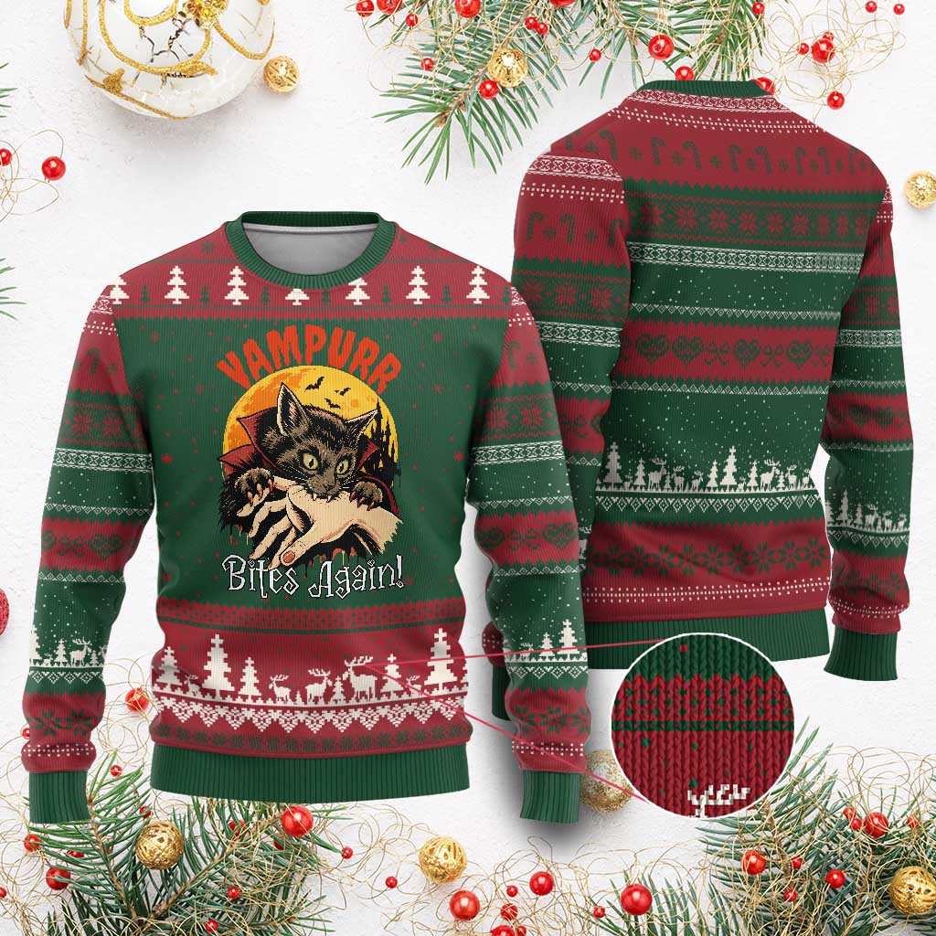 Vampurr Bites Again Ugly Christmas Sweater Funny Vampire Cat Halloween Horror TS14 Red Green Print Your Wear