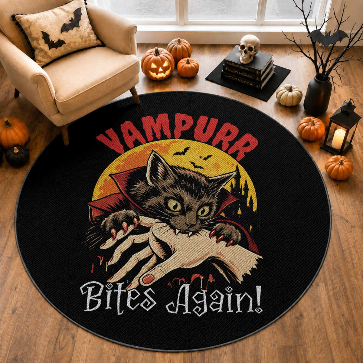 Vampurr Bites Again Round Rug Funny Vampire Cat Halloween Horror