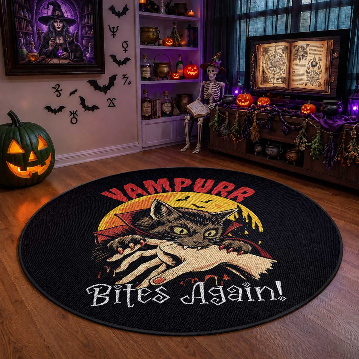 Vampurr Bites Again Round Rug Funny Vampire Cat Halloween Horror