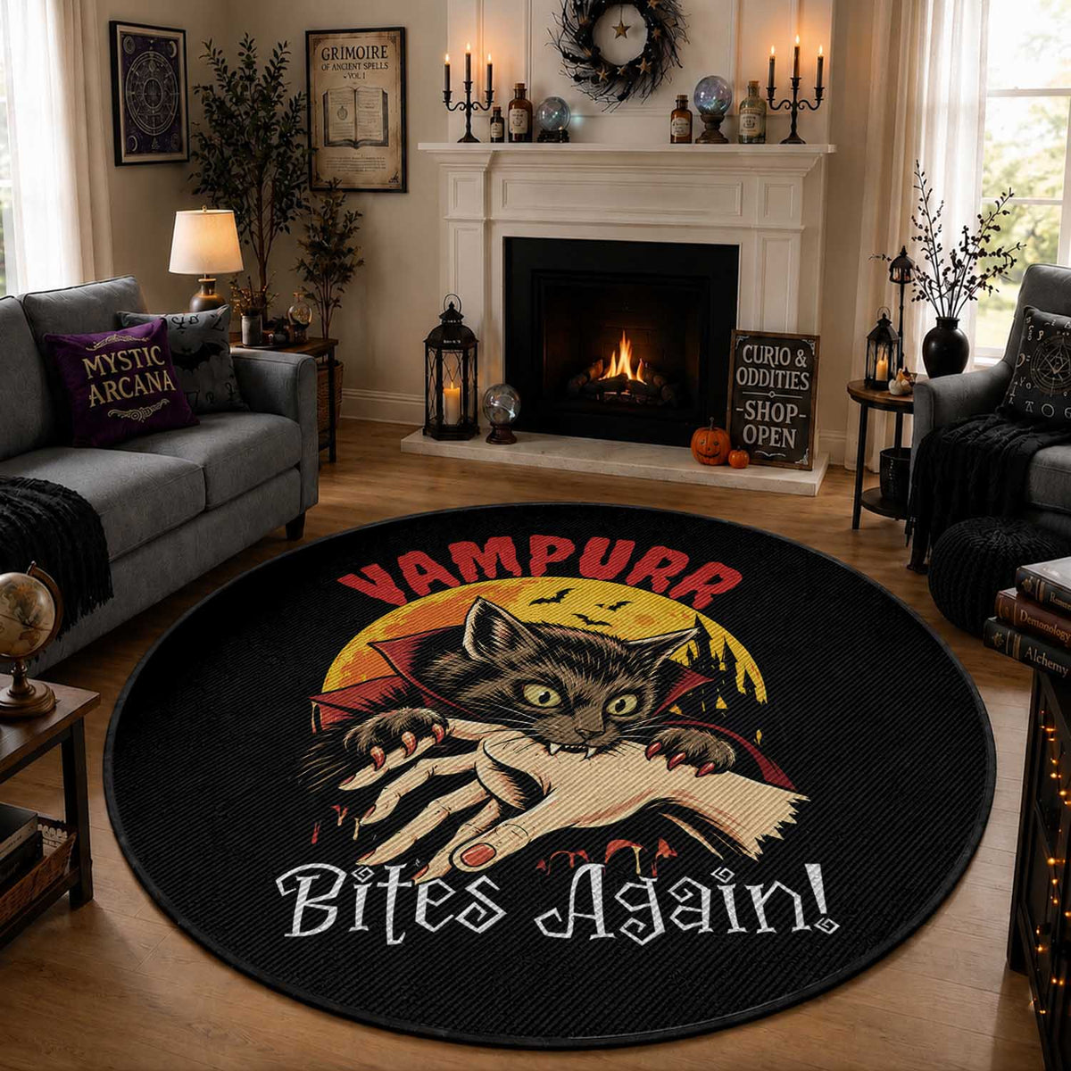 Vampurr Bites Again Round Rug Funny Vampire Cat Halloween Horror