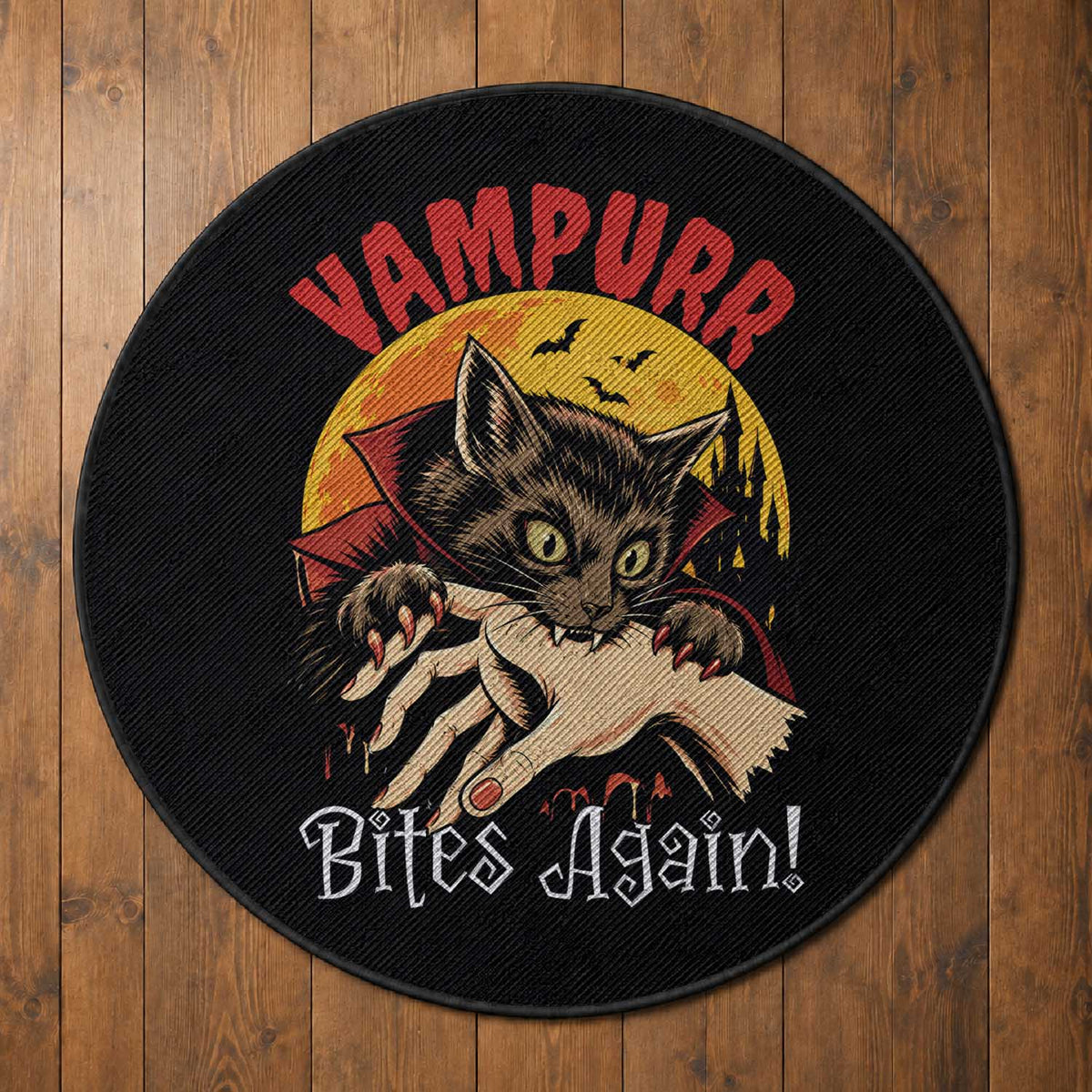 Vampurr Bites Again Round Rug Funny Vampire Cat Halloween Horror