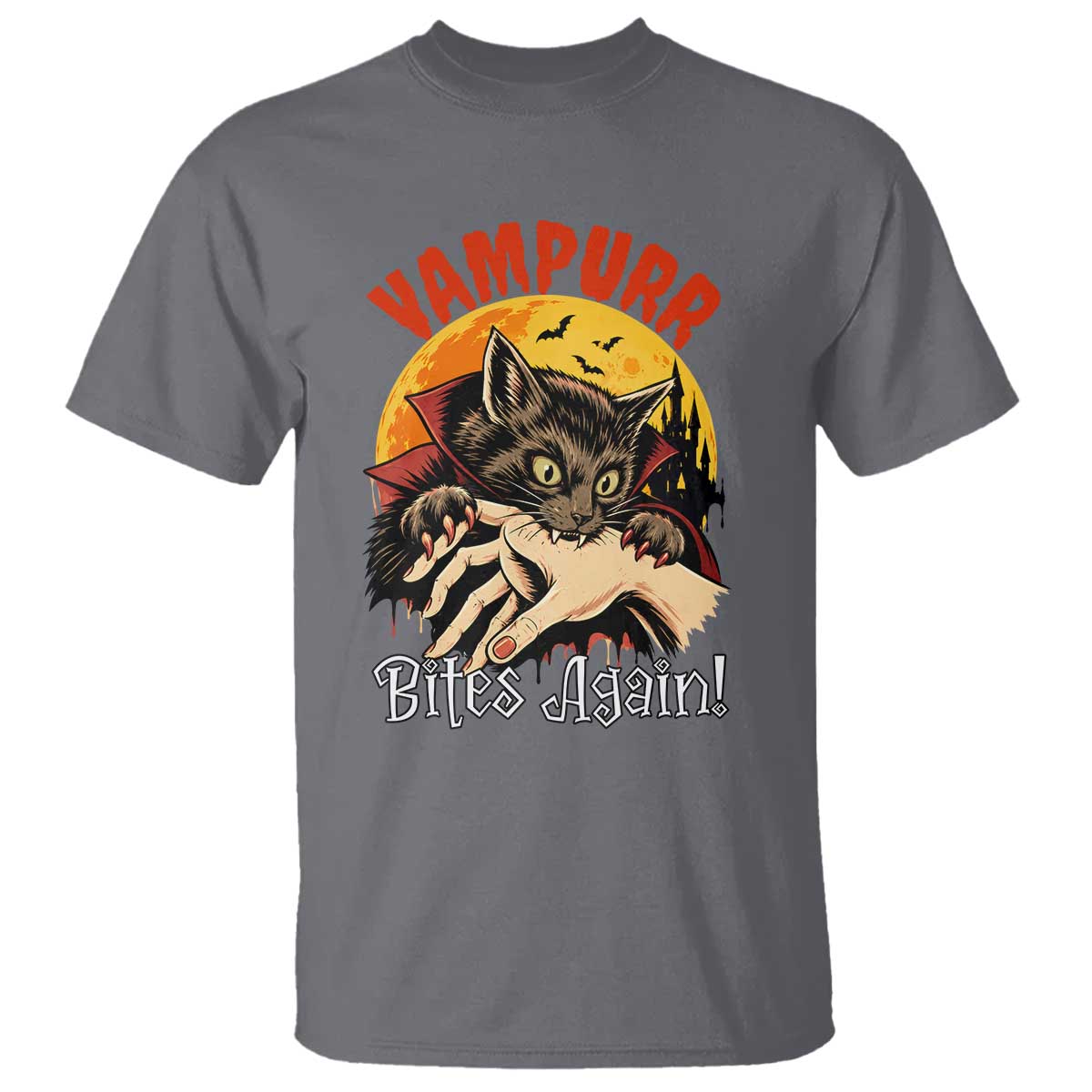 Vampurr Bites Again T Shirt Funny Vampire Cat Halloween Horror TS14 Charcoal Print Your Wear