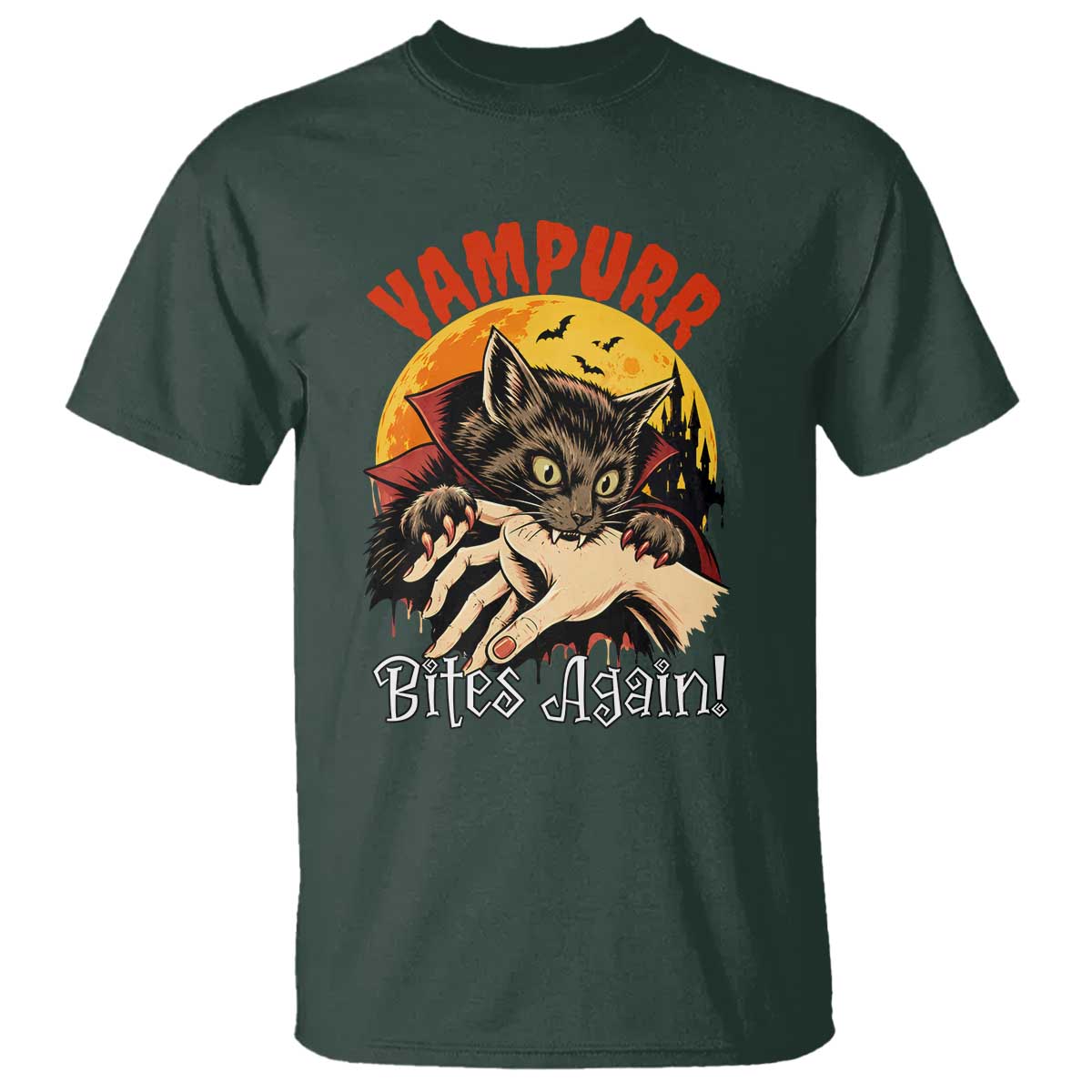 Vampurr Bites Again T Shirt Funny Vampire Cat Halloween Horror TS14 Dark Forest Green Print Your Wear
