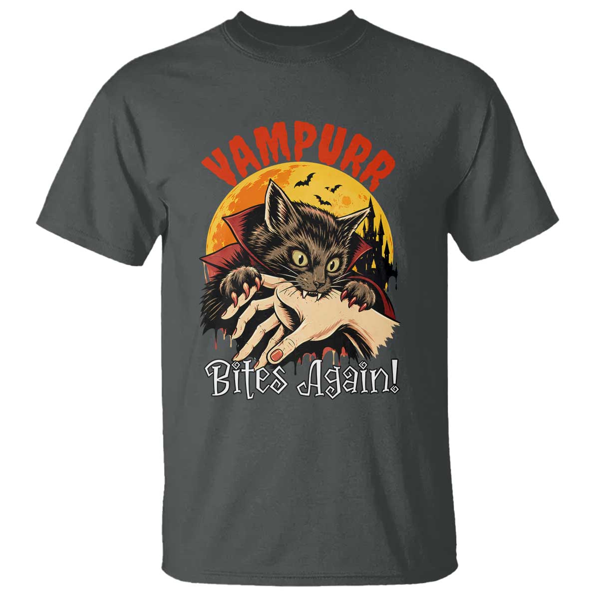 Vampurr Bites Again T Shirt Funny Vampire Cat Halloween Horror TS14 Dark Heather Print Your Wear