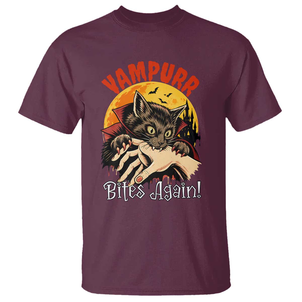 Vampurr Bites Again T Shirt Funny Vampire Cat Halloween Horror TS14 Maroon Print Your Wear