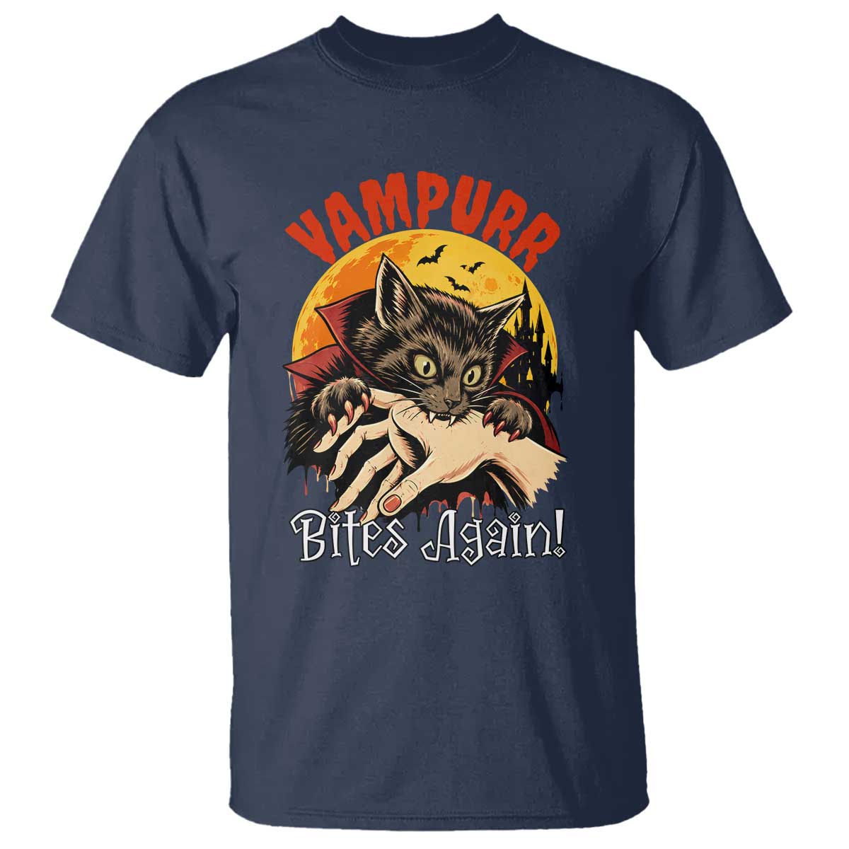 Vampurr Bites Again T Shirt Funny Vampire Cat Halloween Horror TS14 Navy Print Your Wear