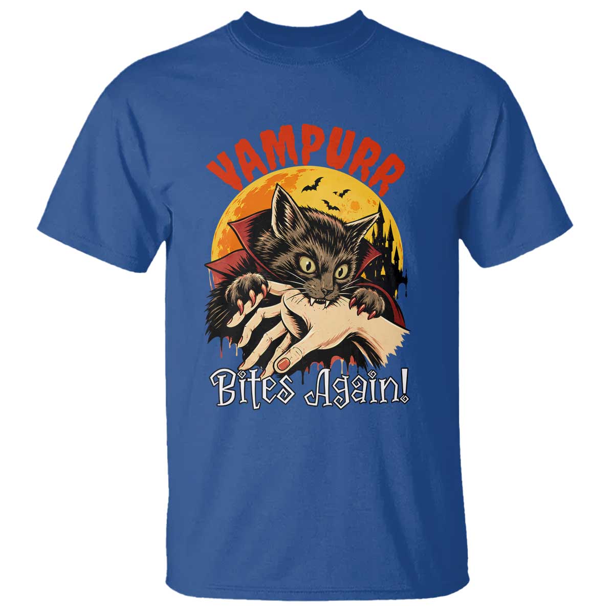 Vampurr Bites Again T Shirt Funny Vampire Cat Halloween Horror TS14 Royal Blue Print Your Wear