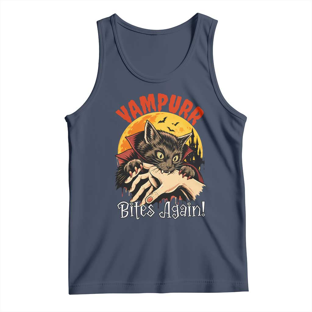 Vampurr Bites Again Tank Top Funny Vampire Cat Halloween Horror TS14 Navy Print Your Wear