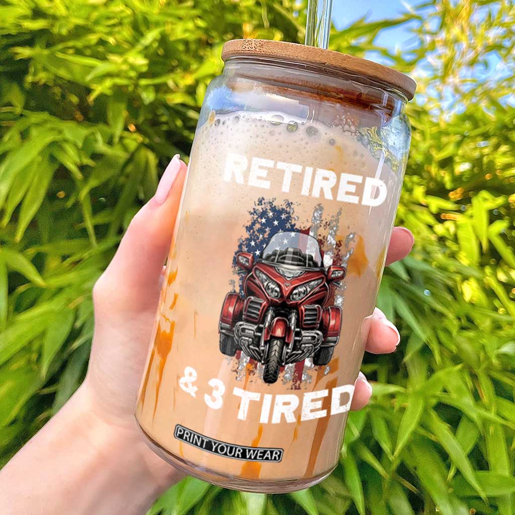 Retired Grandpa Biker Three Wheeled Trike Glass Can Motorcycle Trike Patriotic American Flag