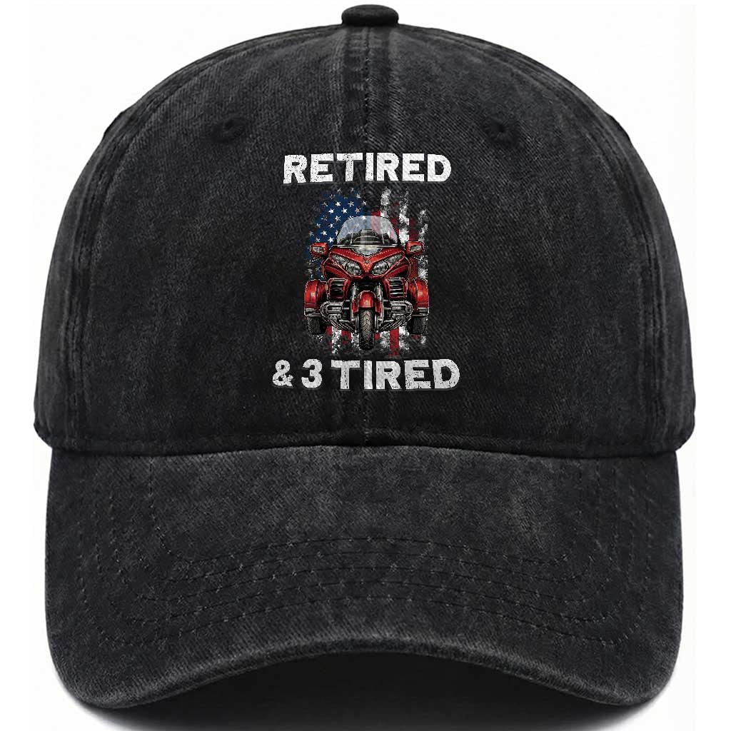 Retired Grandpa Biker Three Wheeled Trike Washed Cotton Baseball Cap Motorcycle Trike Patriotic American Flag